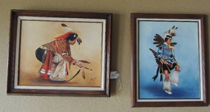 lot 47 image: AMERICAN Indians ORIGINAL OIL PAINTINGS  - BY MARLANNA LIDIKAY  25x20 and Blue 23x19  both are of a Pow-Wow, Linen mats
