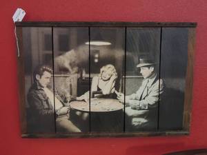 lot 44 image: Wooden Wall Art 36x24  - Frank Sinatra, Marilyn Monroe and James Dean playing cards
