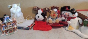 lot 79 image: Christmas dcor, stockings,  Light house candy , tree skirts, dancing snowman and more