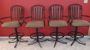 lot 36 image: 4 SWIVEL Bar stools,  full back swivel base  - Douglas furniture metal back,  cushion seats 48x24