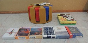 lot 71 image: Poker chips, decks of cards x 6 and card caddy set