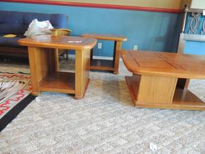 lot 38 image: LIVING ROOM TABLE SET - SIDE TABLES 22x28  QTY 2 and LIFT TOP COFFEE TABLE  38x37x16