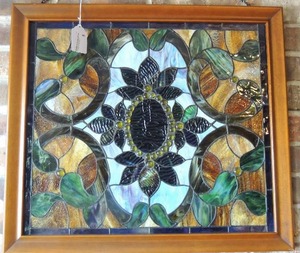 lot 5 image: BEAUTIFUL STAINED GLASS - BLUES, GREENS & BROWNS   24x27  on chain