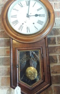 lot 7 image: VINTAGE Regulator wall clock. Enamel over metal face with 2 winding points.  31 x 17