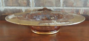 lot 10 image: Pink Depression console centerpiece bowl with 22K wide gold floral rim edge and handpainted floral sprays. 14