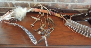 lot 15 image: Native American Indian Ceremonial Spirit Stick Coyote Skull - leather wrapped wooden staff with Coyote Skull, animal pelt and long feathers.