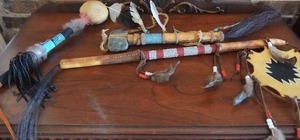 lot 16 image: NATIVE AMERICAN - RIVER ROCK TOMAHAWK   SHAKER  RATTLE STICK  W LEATHER STRIPS, BEADS   RATTLE STICK W LEATHER TOMTOM, LEATHER STRIPS & BEADS  NAVAJO