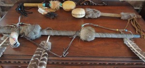 lot 17 image: NATIVE AMERICAN - SHAKER  RATTLE  W FEATHERS & BEADS  RATTLE W RABBIT FUR  CLUB W BONE, FEATHERS & FUR - NAVAJO