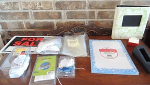 lot 88 image: Stationary lot- tape dispenser, NEW designer paper, tags, labels, for sale signs