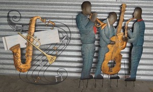 lot 124 image: Metal Instrument Metal  Wall Art -  JAZZ TRIO PLAYING TRUMPET, BASS, & SAXAPHONE 28x26 and Saxophone & Trumpet  35x26