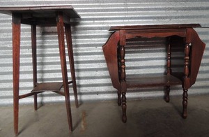 lot 130 image: Late Victorian solid oak fern table with undershelf, tapered legs 28x46 and vintage double sided magazine side table 24x25