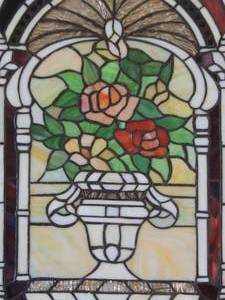 lot 143 image: STAINED GLASS - URN WITH ROSES & GREENERY  Frame to hang 30x20
