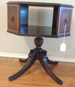 lot 142 image: Duncan Phyfe style vintage octagon shape library table with under shelf and lion pull hardware  27x22x22