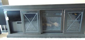 lot 53 image: Chimney Free Electric Fireplace in Black Cabinet has 2 shelves with 2 small  cabinets 64l x 26H x18D 4 doors
