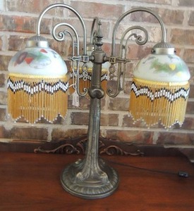 lot 159 image: VICTORIAN LAMP HAS 3 PAINTED (Usually reverse painted) GLASS SHADES - FLOWERS & HUMMINGBIRDS WITH ORNATE BEAD ACCENTS,  23 x 20   SEE TO APPRECIATE 