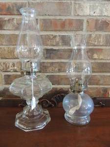 lot 162 image: VINTAGE GLASS OIL LAMPS WITH CHIMNEY  18 and 15 HEIGHT