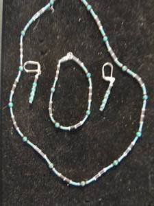 lot 20 image: Native American Potawatomi Tribe design Bracelet, Necklace, and Earrings made of Turquoise,,Hematite and Beads