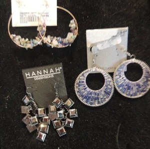 lot 183 image: Black jeweled Chandelier earrings, silver and blue woven earrings and rock hoop earrings all pierced