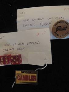 lot 110 image: Nevada Gambler Key Chain Pair of Vintage Casino Dice  AND Vintage Fremont Hotel Wooden Token