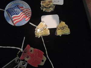lot 111 image: Dodgers Pins - All Star 1980 and 2 NL champion pins, flag pin and more