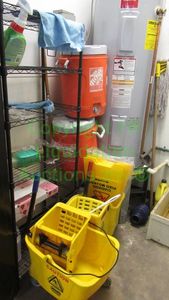 lot 7 image: Mop buckets, shelf unit and more. (Water heater not included)