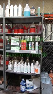 lot 18 image: Contents of 5 shelves including All Bright aluminum cleaner, Compressor oil, and more as shown