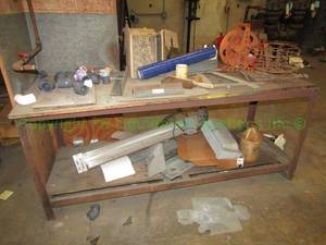 lot 90 image: Metal base wood top utility table plus contents as shown