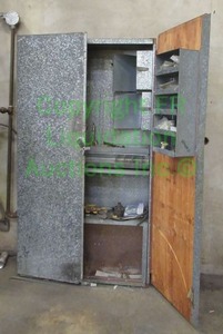 lot 272 image: Custom built galvanized metal skin storage cabinet plus contents as shown. 82 x 45 x 12