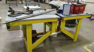 lot 116 image: Metal top wood base utility table plus contents as shown. 33 x 79 x 30