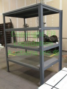 lot 124 image: Solid iron built frame with wood panel shelf unit. 80 x 66 x 41