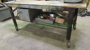 lot 132 image: Metal frame rolling utility table plus contents of bottom shelf. 37 x 37 x 84