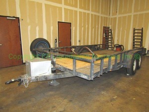 lot 195 image: Bulldog dual axle utility trailer, includes wheel ramps, Dayton electric winch and spare tire. 16 box length