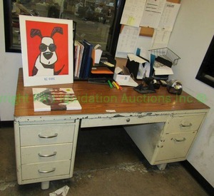 lot 354 image: Laminate top metal base desk plus contents as shown