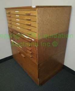 lot 407 image: Three part solid oak flat file cabinet. Top two units measure 15 x 41 x 28 Bottom unit measures 20 x 41 x 28