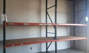 lot 2 image: Two-section pallet rack in solid condition as shown. Buyer is responsible for proper breakdown and removal PLEASE NOTE DELAYED PICK UP ON THIS ITEM BETWEEN 400 - 600 PM