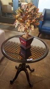 lot 34 image: Wooden accent table and floral decor in stylecolorcondition shown.