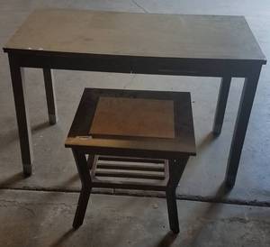 lot 40 image: Lot of wooden table with small drawer and small side table in stylecolorcondition shown.