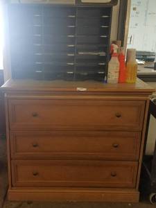lot 46 image: 3-drawer wooden chest, 24-compartment literaturemail organizer, plus all other contents as shown. Great mixed lot