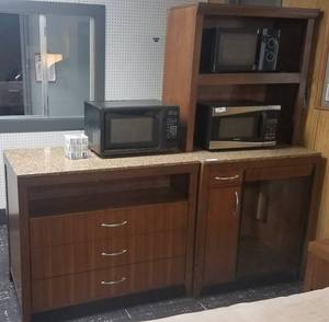 lot 50 image: Granite top 3-drawer dresser  media chest and granite top kitchen cabinet with hutch in stylecolorcondition shown. Other contents are not included You are bidding by the piece