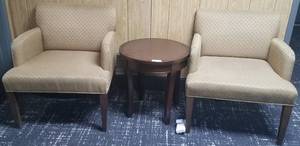 lot 58 image: 2 cushioned chairs and 1 round top wooden end table in stylecolorcondition shown. You are bidding by the piece