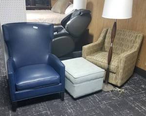 lot 59 image: Lot including (1) wood floor lamp, (1) cushioned ottoman, (1) cushioned chair and (1) high back rest chair in stylescolorscondition as shown. You are bidding by the piece