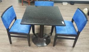 lot 72 image: Granite top with metal frame lounge table and 3 upholstered chairs in stylecolorcondition shown. You are bidding by the piece