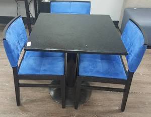 lot 73 image: Granite top with metal frame lounge table and 3 upholstered chairs in stylecolorcondition shown. You are bidding by the piece