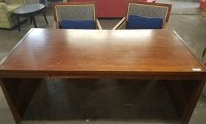 lot 81 image: Wooden office desk and 2 upholstered chairs in stylecolorcondition shown. You are bidding by the piece