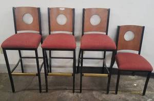 lot 82 image: 4 upholstered seat chairs with metal frame in stylecolorcondition shown. 3 are counter height. You are bidding by the piece
