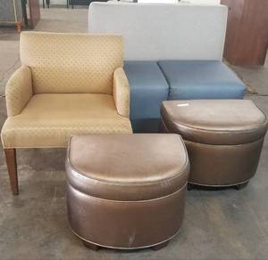 lot 87 image: Seating bench, chair, and 2 ottomans in stylecolorcondition shown. You are bidding by the piece