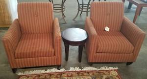 lot 91 image: 2 patterned chairs and 1 round side accent table in stylecolorcondition shown. You are bidding by the piece