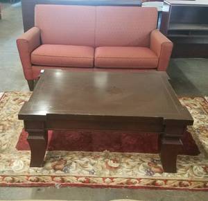 lot 93 image: Love seat, large size coffee table, and rug in stylecolorcondition shown. You are bidding by the piece