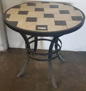 lot 103 image: Round bistro  lounge style table with metal frame in stylecolorcondition shown.