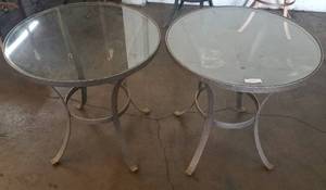 lot 105 image: 2 round bistro  lounge style table with glass top and metal frame in stylecolorcondition shown. You are bidding by the piece